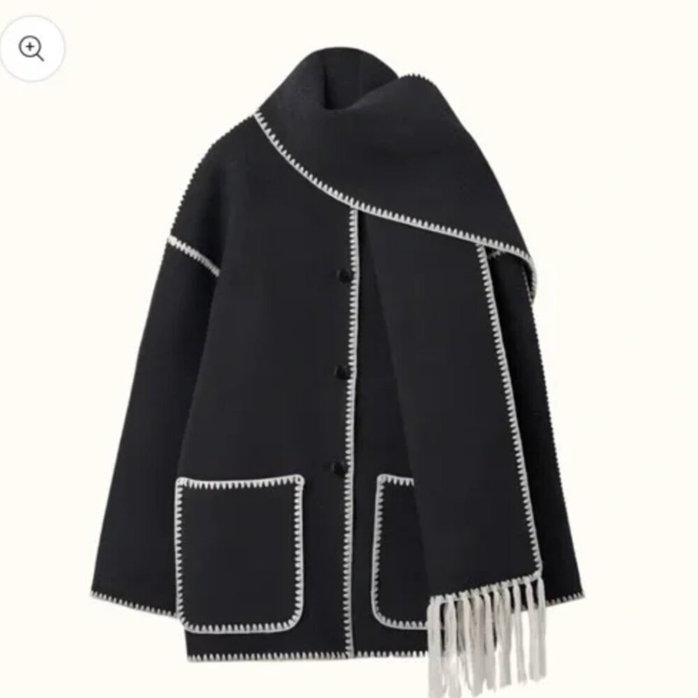 Dark Gray Whipstitch Double Face Wool Scarf Coat - XS